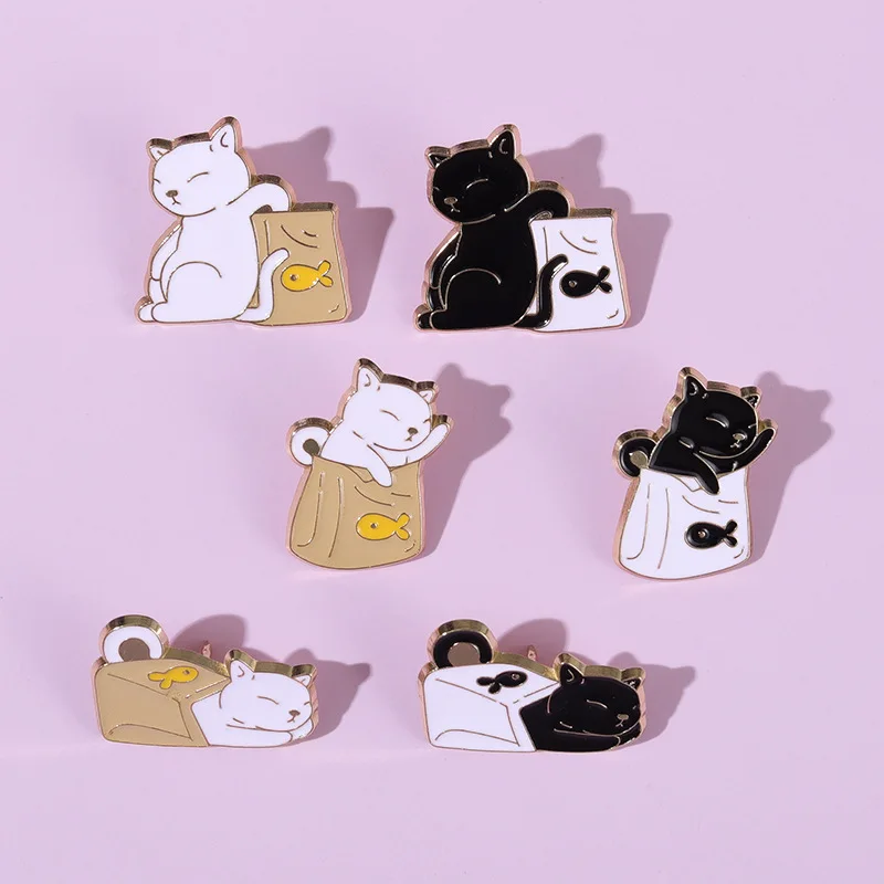 Black White Cats Lying Bag Enamel Pins Cartoon Kitten Fish Brooch Metal Hat Backpack Clothes Badge Jewelry Gift for Friends Kid