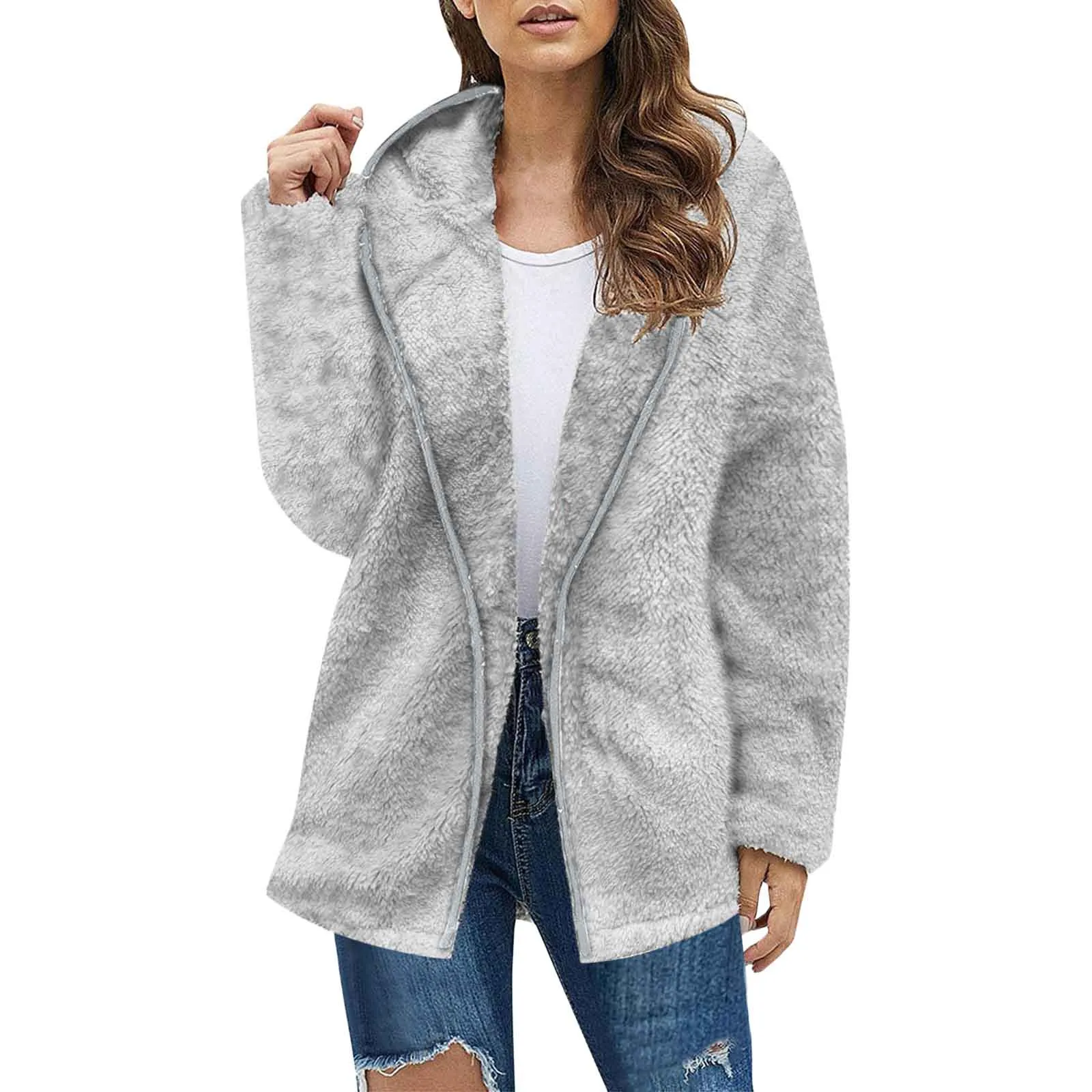 Women\'s Solid Color Long-sleeved Cardigans Fleece Loose and Warm Mid-length Plush Windbreaker Lamb Wool Coat Fleece Jacket