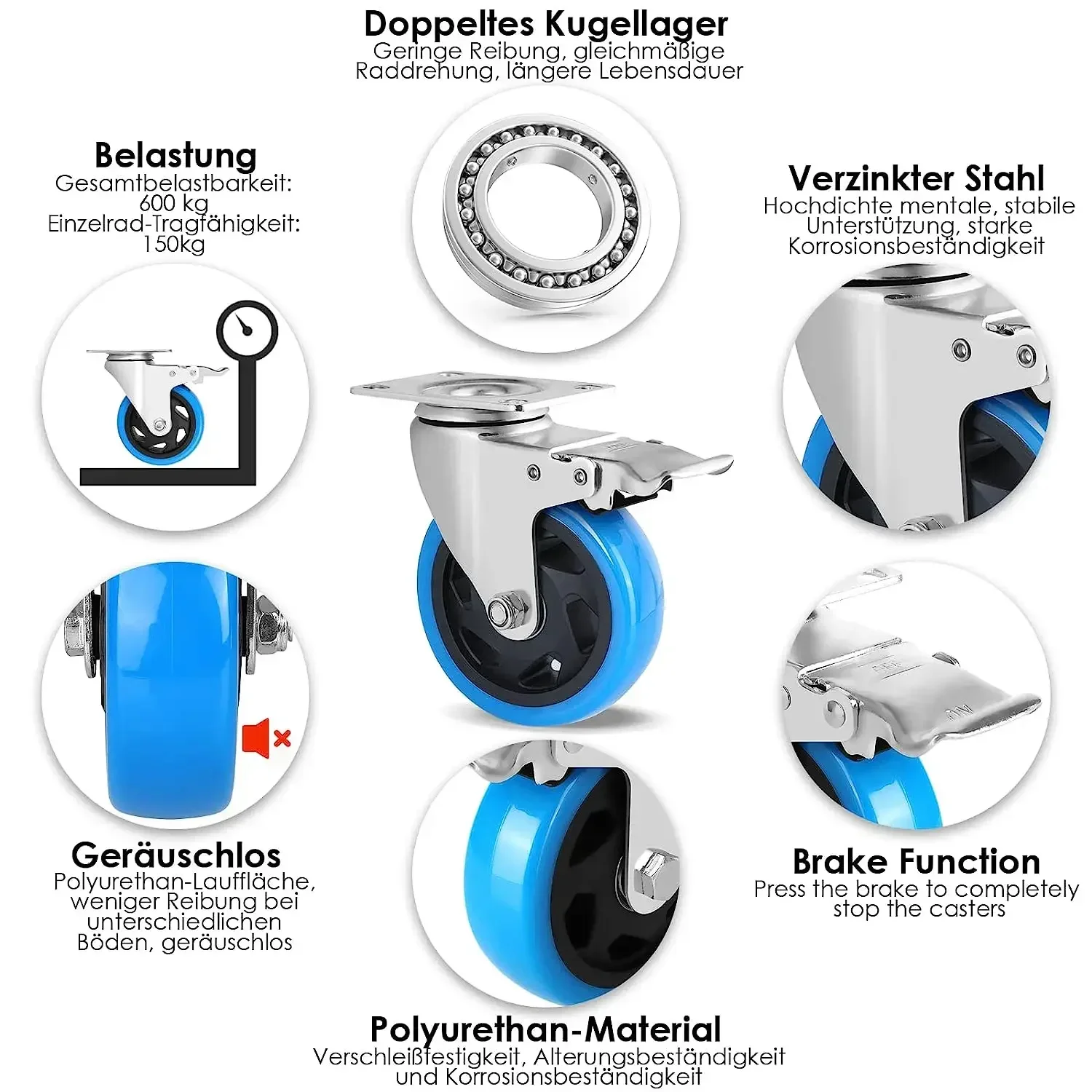 Transport Rollers 100MM Swivel Casters with Brake For All Types Of Floors, Furniture Transport Industrial Transport & Logistics