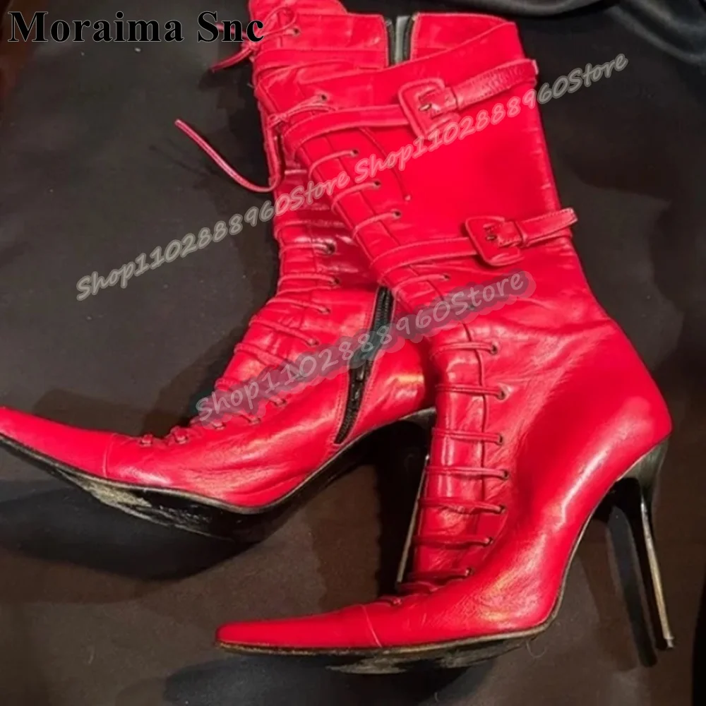 

Mid Calf Red Cross Tied Buckle Strap Boots Thin High Heel Shoes For Women Side Zipper Pointed Toe Fashionable Zapatos Para Mujer