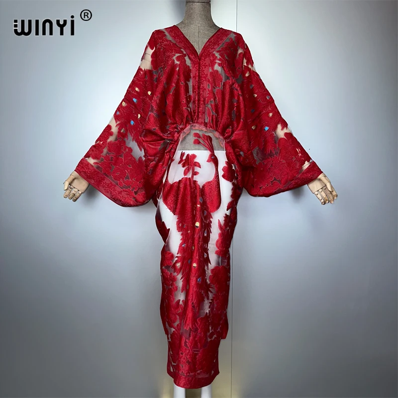 WINYI summer elegant sexy Perspective dress boho dress Women kaftan Bohemia Africa kaftan beach Cover Up dubai abaya