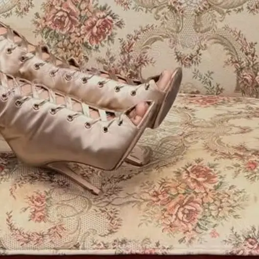 Women Pink Satin Over the Knee Boots Peep Toe stiletto cut out patchwork lace up fashion Gladiator Party Club shoes 2026 trend