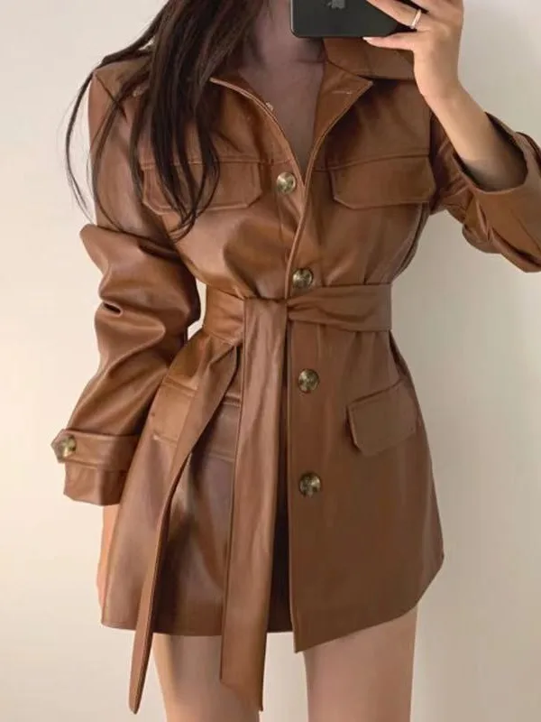 

Chic Retro Sle Women's Leather Jaet with Waist Cinching Long Sve Collar Single Button Multiple kets Belted Coat