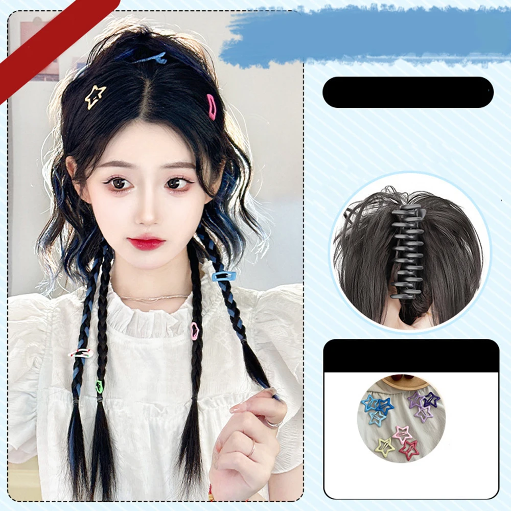 Sweet Highlight Braid Curly High Ponytail Grab Wig Dopamine Girl Blue Dyeing Water Ripple Twists Braid Hair Accessories