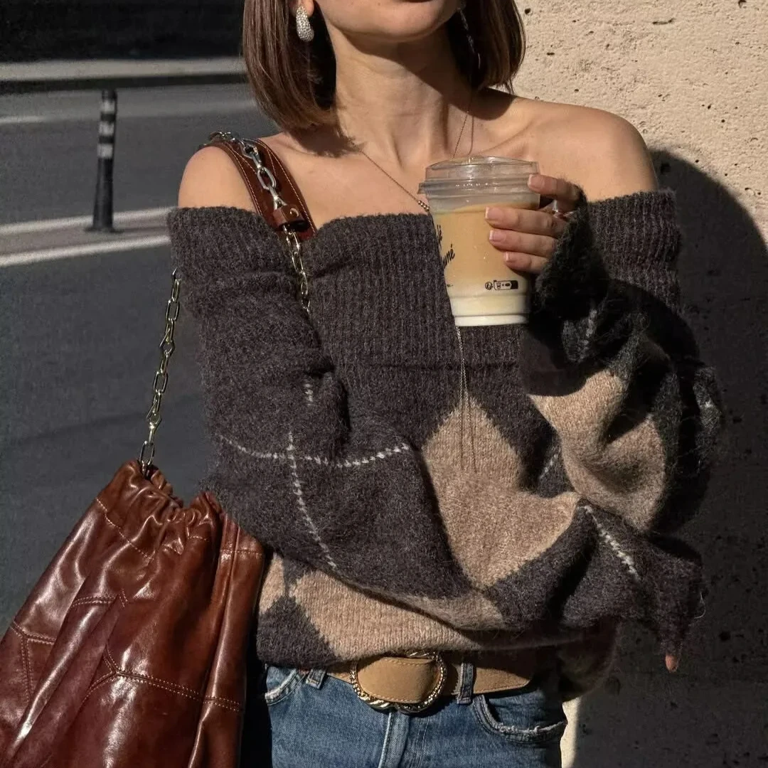 Mingmingxi Vintage Sexy Off Shoulder Knitted Sweater for Women Long Sleeve Loose Sweater Casual Argyle Autumn Winter Pullover