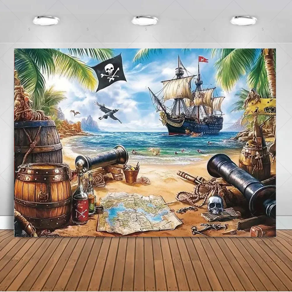 Piratenschiff-Thema Geburtstagsparty-Dekoration Hintergrund Goldmünzen-Ballon Ozean-Kulisse Kinderfotografie-Zubehör Banner Requisiten – Detail 6
