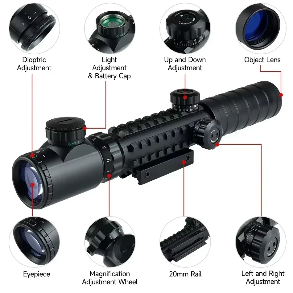 3-9X32EG نطاقات أحمر/أخضر لونين متقاطع Riflescope ريد دوت ليزر ومصباح يدوي في الهواء الطلق التكتيكية البصرية كومبو الصيد #3