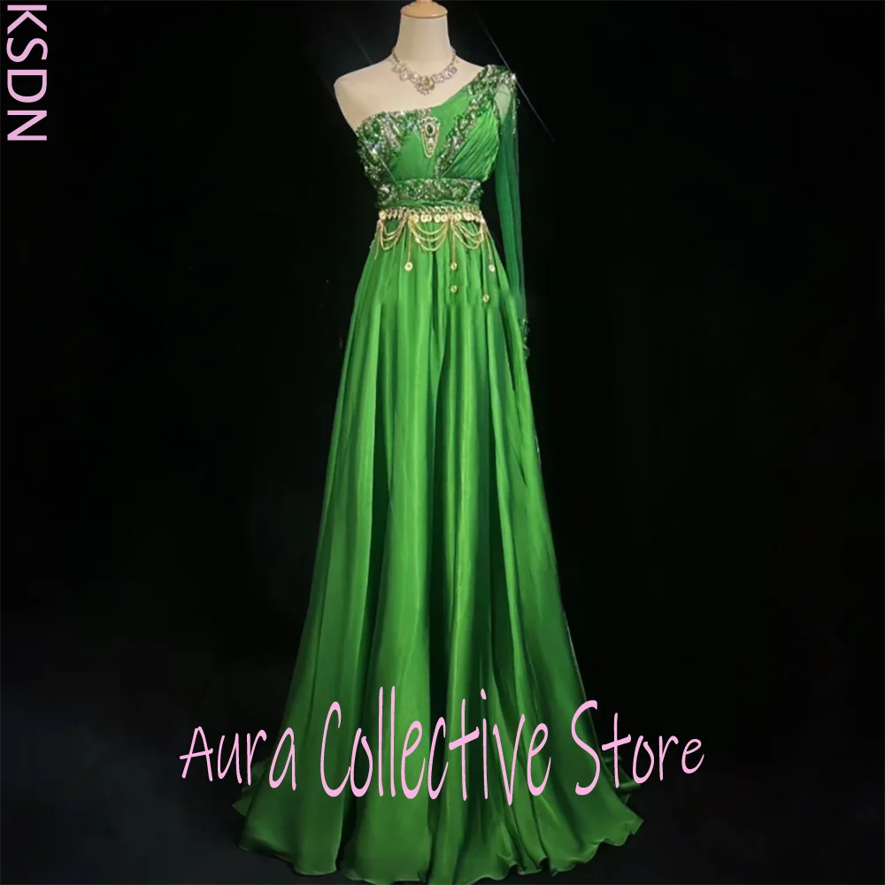 فساتين سهرة نسائية أنيقة باللون الأخضر بكتف واحد مع زخارف مطرزة بالترتر بطول الأرض فستان رسمي فاخر للحفلات #1