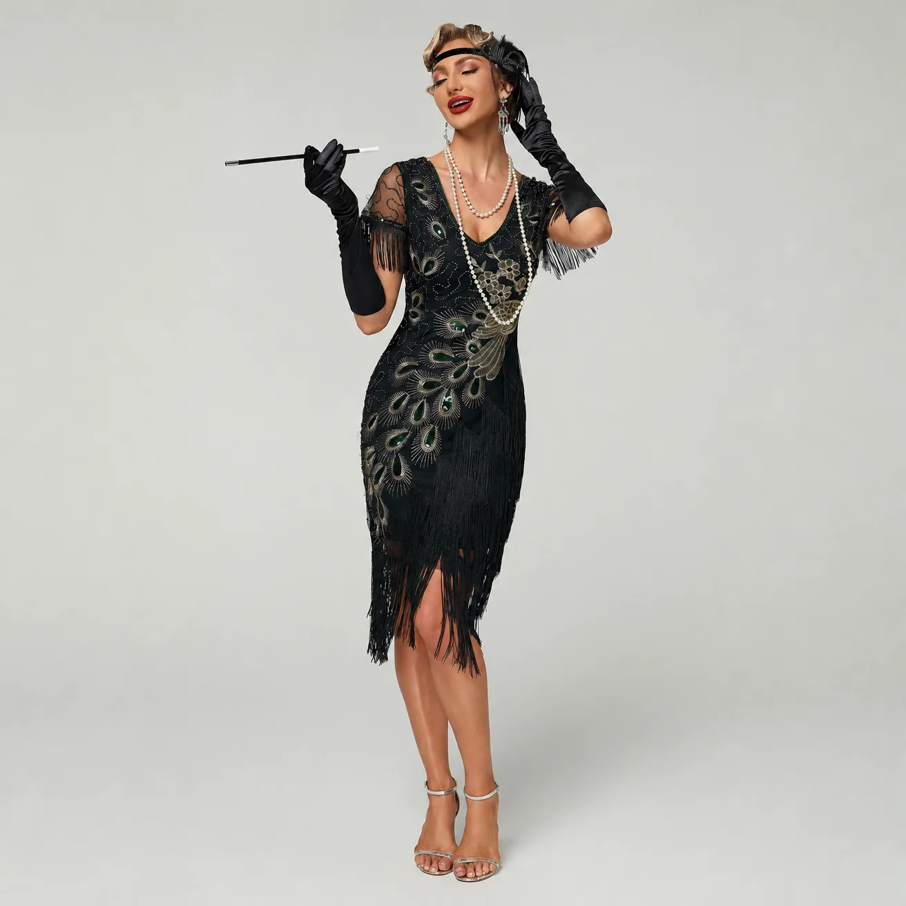 New Vintage Sequin Decor Dress 1920s Black Fringe Peacock  Embellished Flapper Costumes Gatsby Party Ball Cocktail Evening Dress
