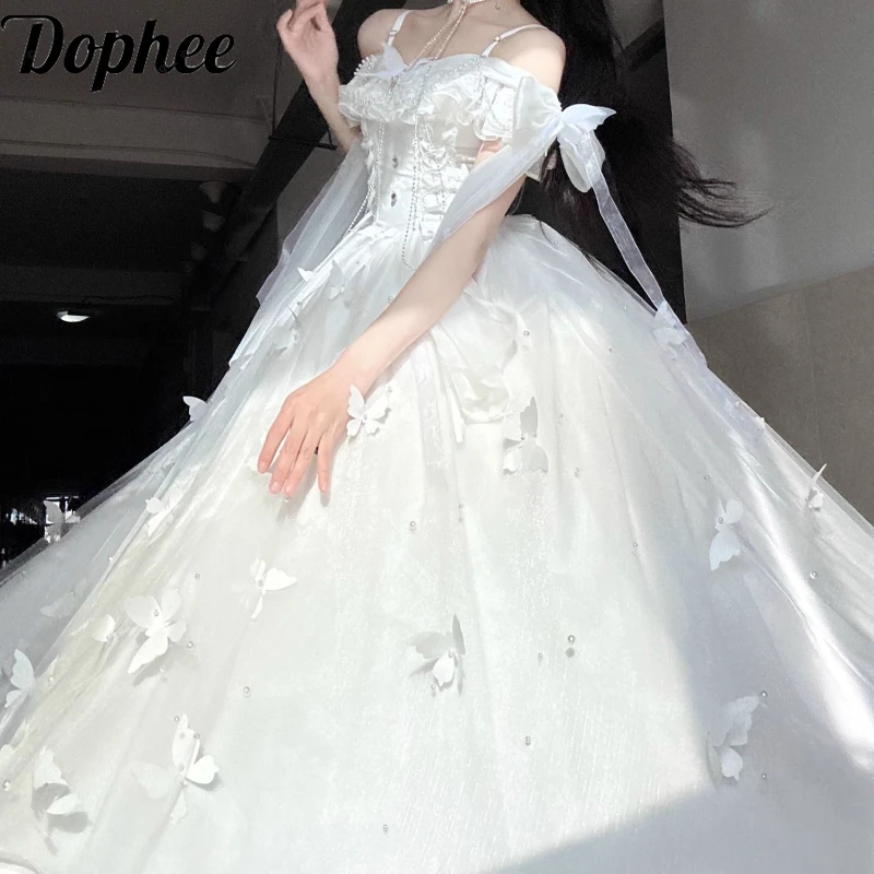 

Dophee оригинальное весенне-летнее длинное платье белой богини на бретельках с открытыми плечами и бусинами в виде бабочки, элегантное платье сказочной принцессы с оборками