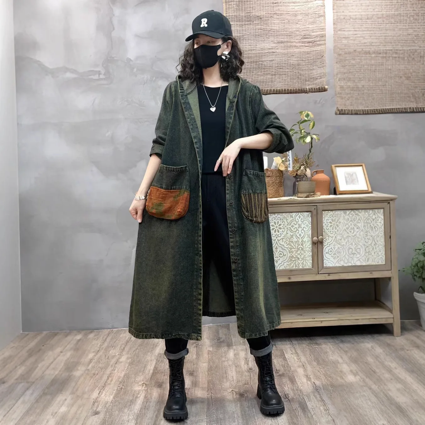 

25Women Denim Coats Spring Autumn Retro Pockets Vintage Loose Hooded Single-Breasted Female Tide Long Cardigans