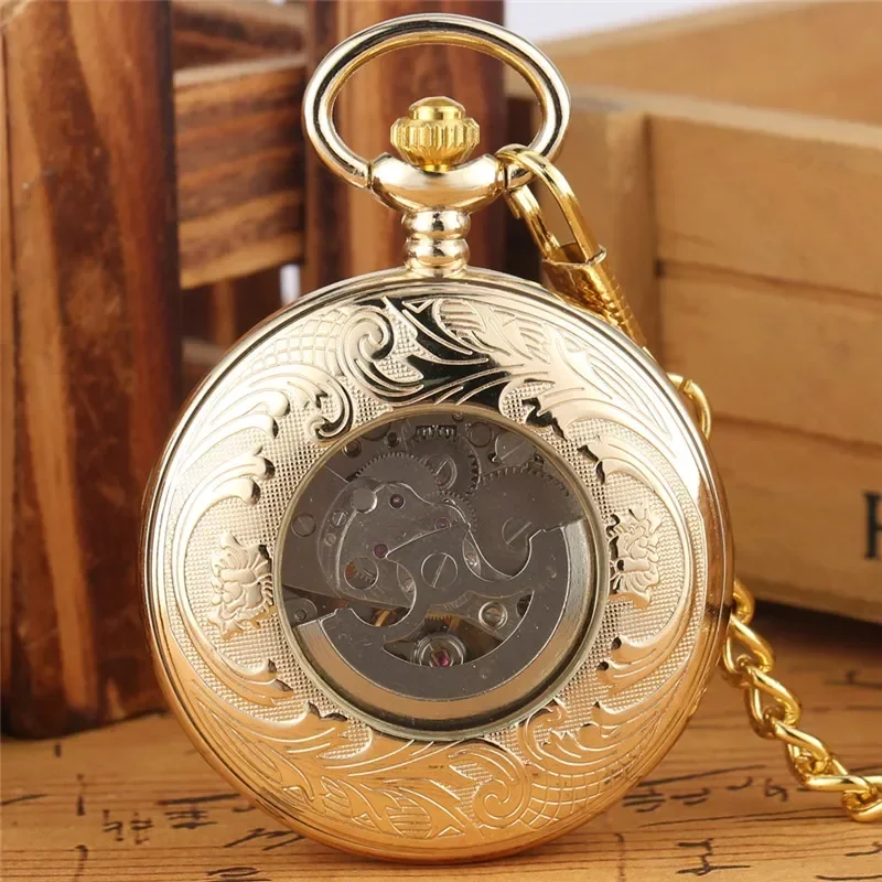 Luxury Hollow Phoenix Pocket Watch Unisex Automatic Mechanical Watches Fob Pendant Chain Yellow Gold Roman Number Timepiece Gift