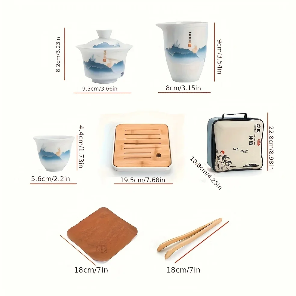 Ceramic Chinese Kung Fu Tea Set，Suitable For Travel Camping Portable  Gaiwan Tea Tray With 4 Tea Cups，tea infuser view 6