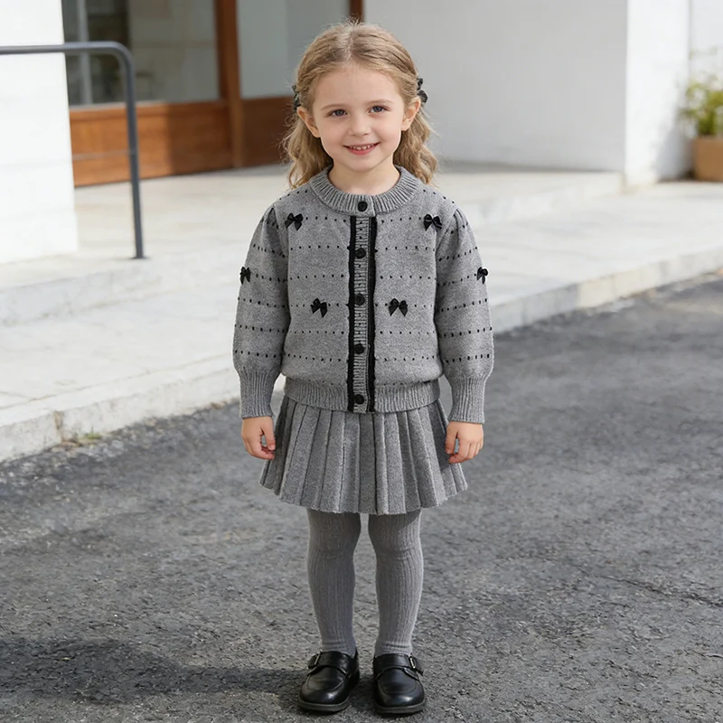 2026 New Spring 2-6Yrs Baby Girls Clothing Set Kids Knitted Clothing Suit Long Sleeved Knitted Cardigan+Short Skirt
