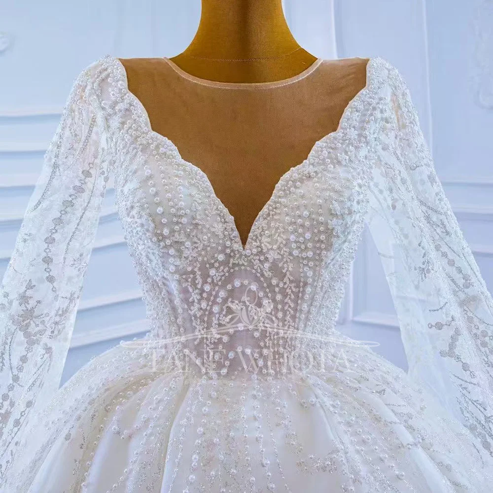 Vestido Casamento 2025 Белые свадебные платья с круглым вырезом и длинными рукавами на шнуровке сзади, расшитые бисером и блестками по индивидуальному заказу