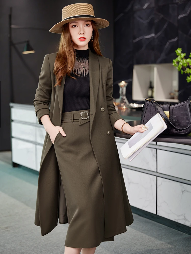 Autumn Winter Formal Skirt Suit Women Female Black Apricot Coffee Long Sleeve Two Piece Set for Office Ladies Work Wear