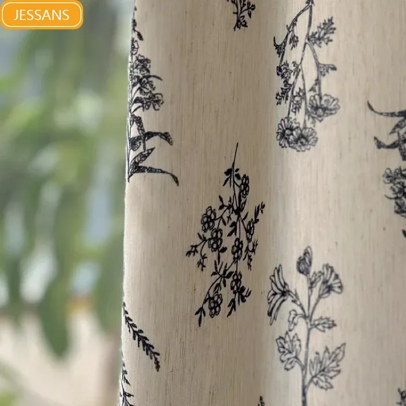 

Customized Cream Color Black Plant Embroidery Cotton Linen Thickened Curtains for Living Room Bedroom French Window Balcony