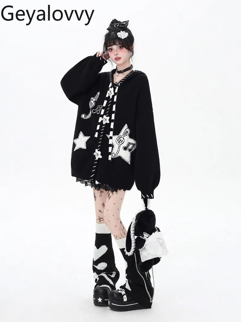 اليابانية الأصلية الجديدة الأسود والأحمر الحلو بارد فضفاض سترة محبوكة فانوس كم واحدة الصدر مقنعين سترة سترة