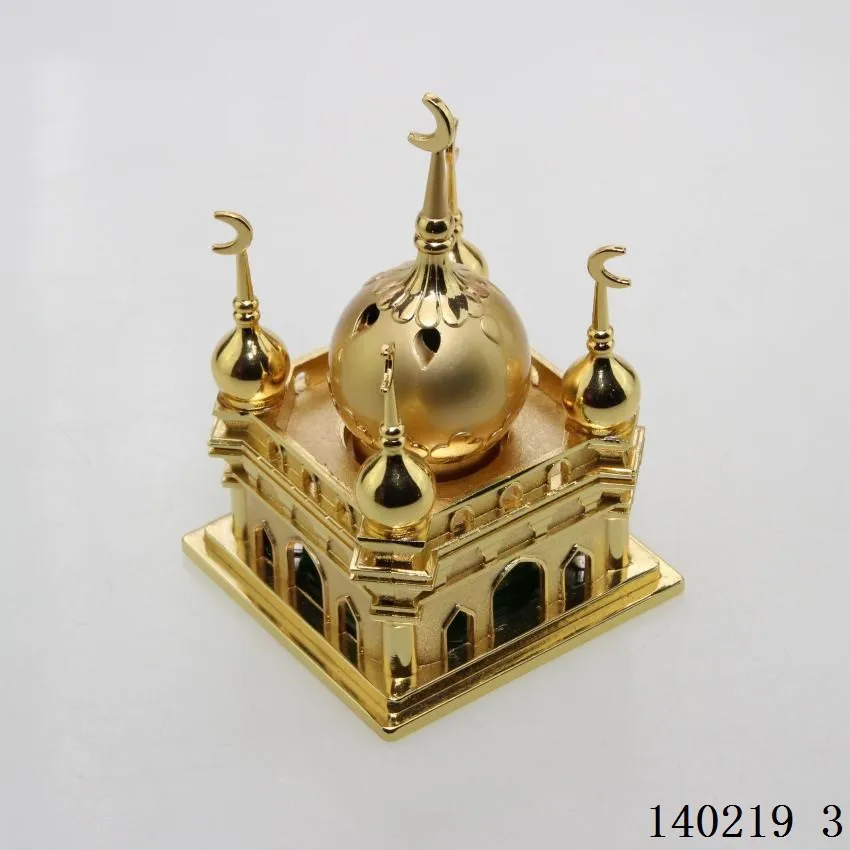 Mirror-polished titanium alloy ornament, 3D laser internal engraving double minarets Muslim housewarming metal tabletop decor