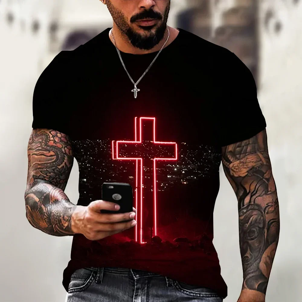 Christian Mens Clothing T Shirts Oversized T Shirt Gothic  Jesus Christ Cross 3D Print O-neck Tops Vintage Hip Hop Short Sleeve