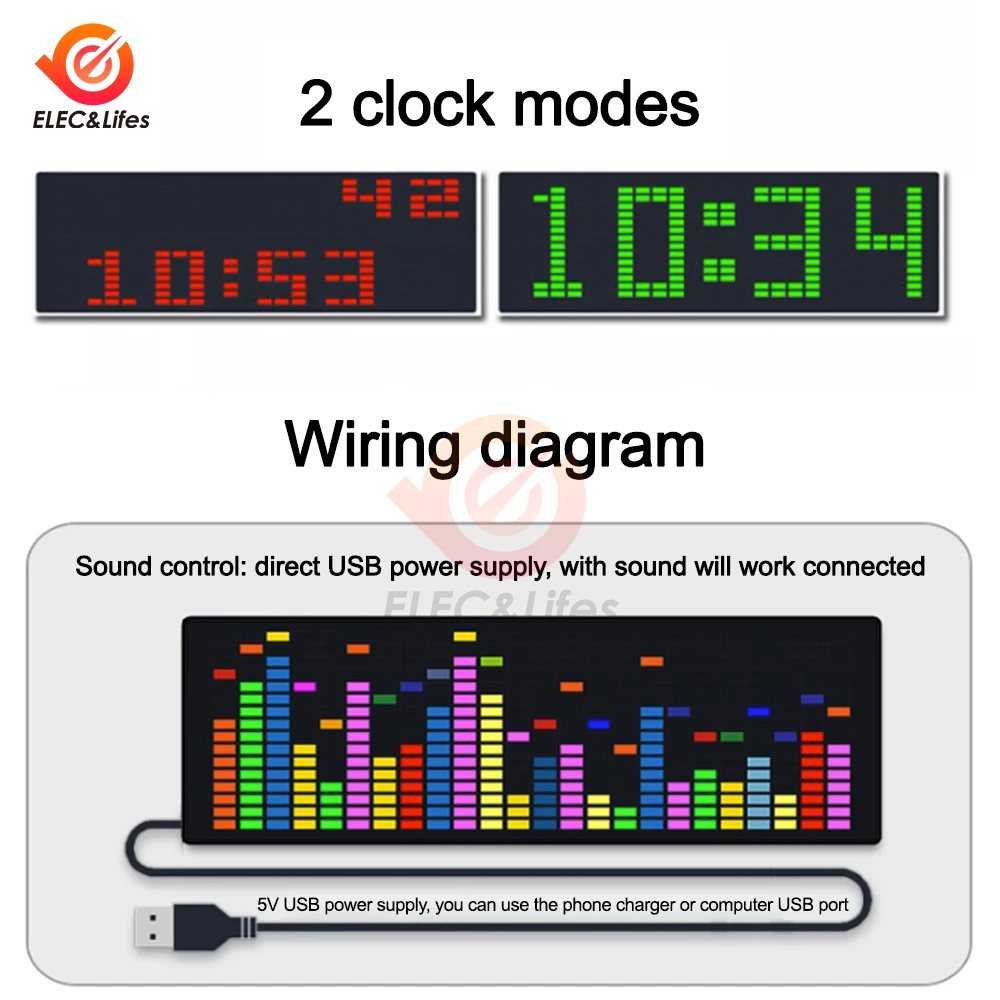 Imagem -03 - Led Música Spectrum Rhythm Display Relógio Eletrônico Voz Ativada Carro Áudio Indicador de Nível vu Medidor Lâmpada Atmosfera Luz Rgb