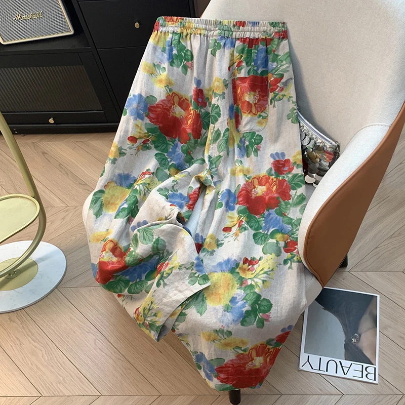 Pantaloni casual in lino di cotone da donna retrò Sle Pantaloni sottili ad arco con stampa a coltello a vita alta di nuovo modello per l'uso quotidiano