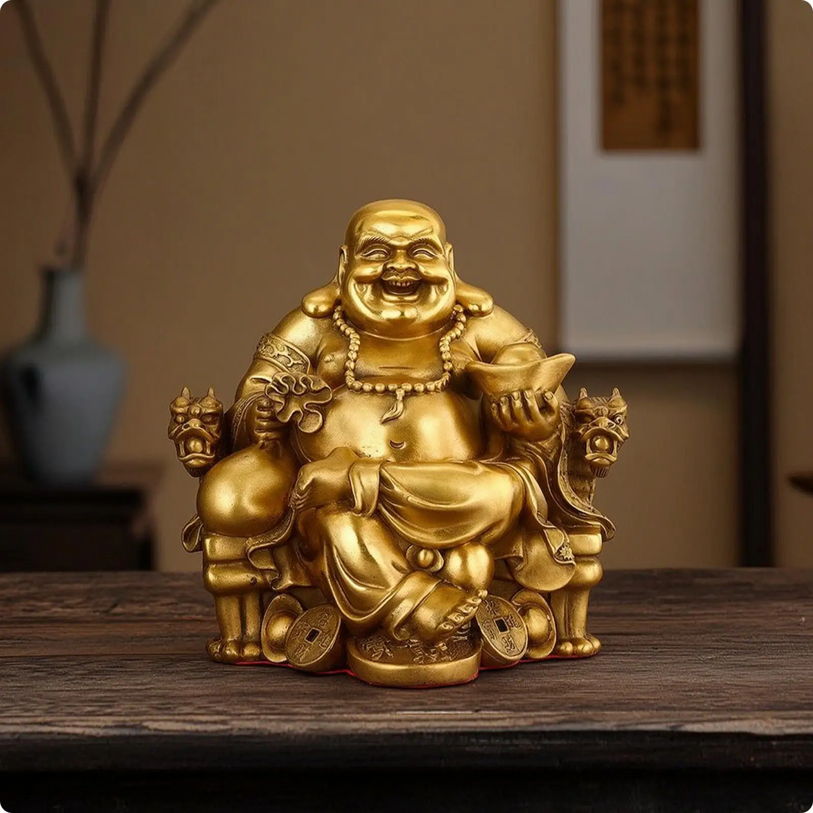 Gold Brass Buddha Figurine Seated on Emperor Chair for Feng Shui Home Office Decor Large Sculpture Statue Gift