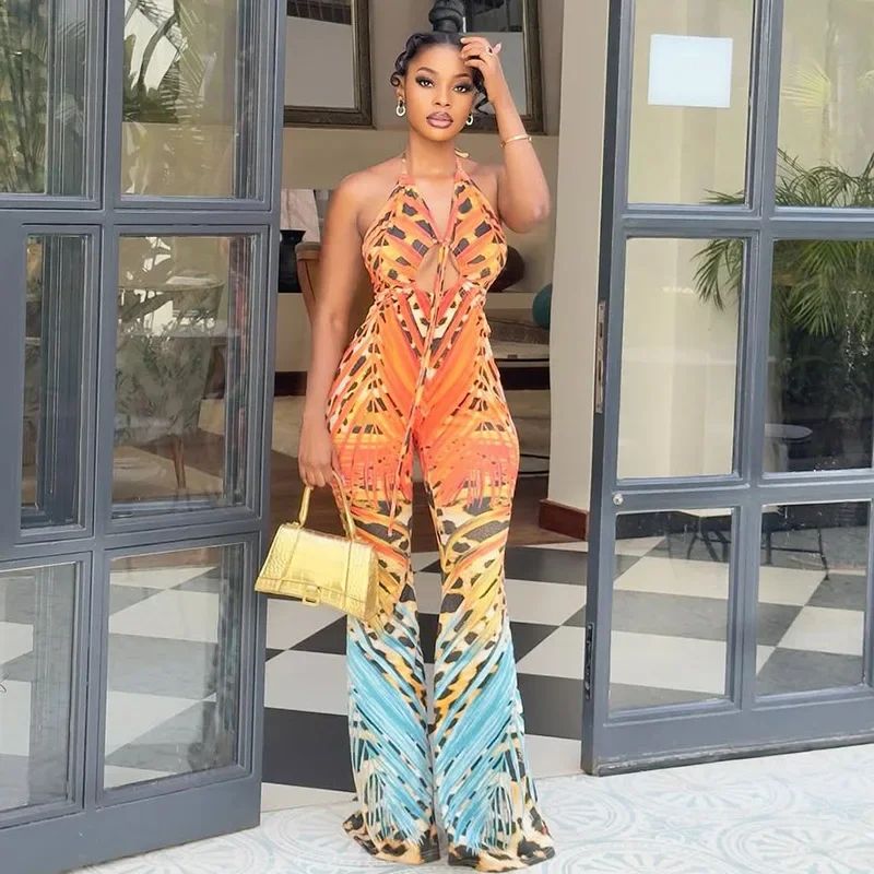 

Leopard Print Slim Flare Jumpsuits Women Sexy Hollow Out V-neck Lace Up Halter Backless Boot Cut Pants Holiday Overalls Rompers