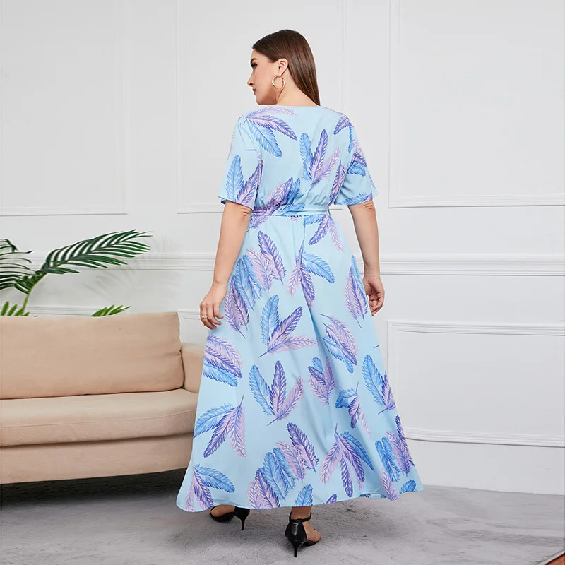 Plus Size V-hals Bloemenprint Boho Jurk Dames Zomer Korte Mouw Maxi Jurken Vakantie A-lijn Vrouwelijke Gordel Zwart Sexy Wit