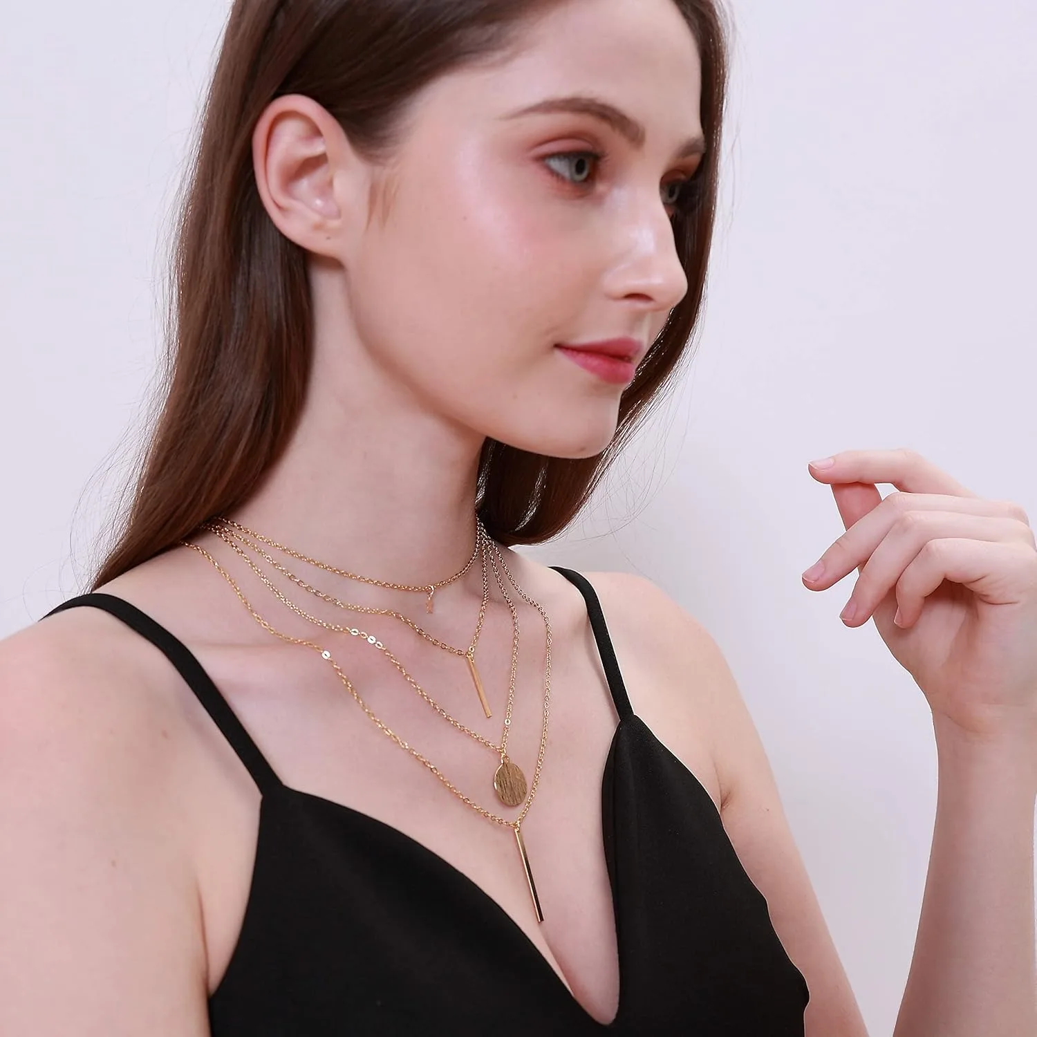 Layers Choker Necklace 14K Gold Silver Plated Y Pendant Necklace Multilayer Bar Necklace Adjustable Layer Necklace for Women