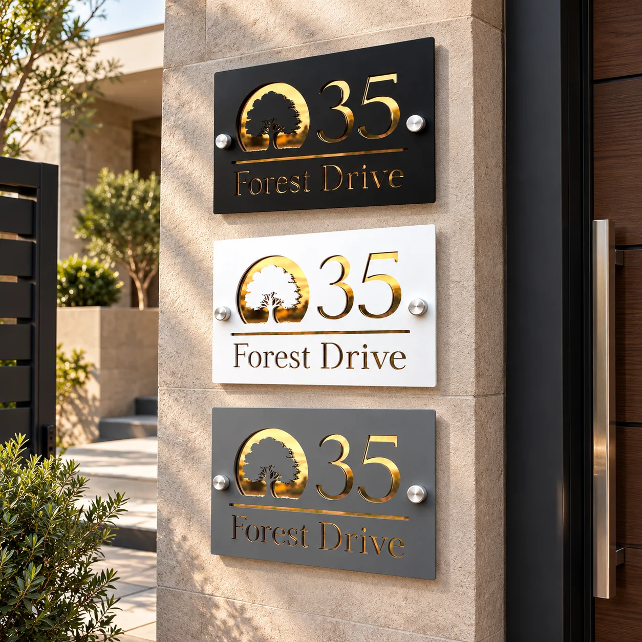 Custom House Number Plaque, Black White Grey Acrylic Address Sign with Gold Mirror Numbers, Modern Outdoor Villa Door Plate