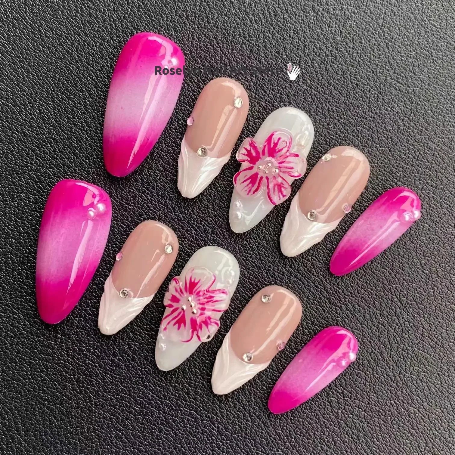 New Handmade Fake Nail Gradient Pink Atmosphere Cute Fake Cute 3D Flower Nail Pressing Design, with Adhesive Nail File Set