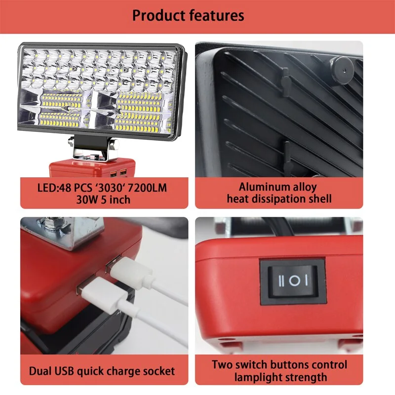 8 Inch Cordless LED Work Light for Milwaukee 18V Li-ion Battery,Portable Flashlight Electric Torch with Dual USB Output
