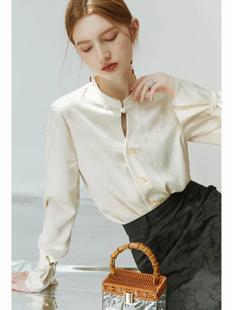 FSLE New Chinese Style Acetic Acid Button-down Shirt Women Autumn Standing collar Landscape Painting Printing Female Top