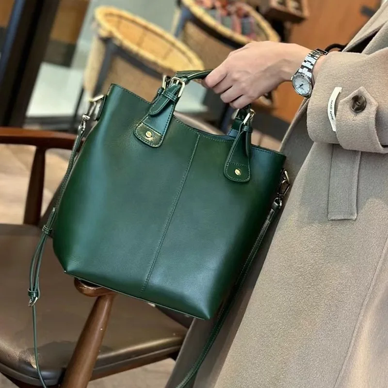 Zency 100% Genuine Leather Handbag Retro Coffee Women Casual Tote Bucket Bag Classic Black Lady Crossbody Messenger Purse Brown