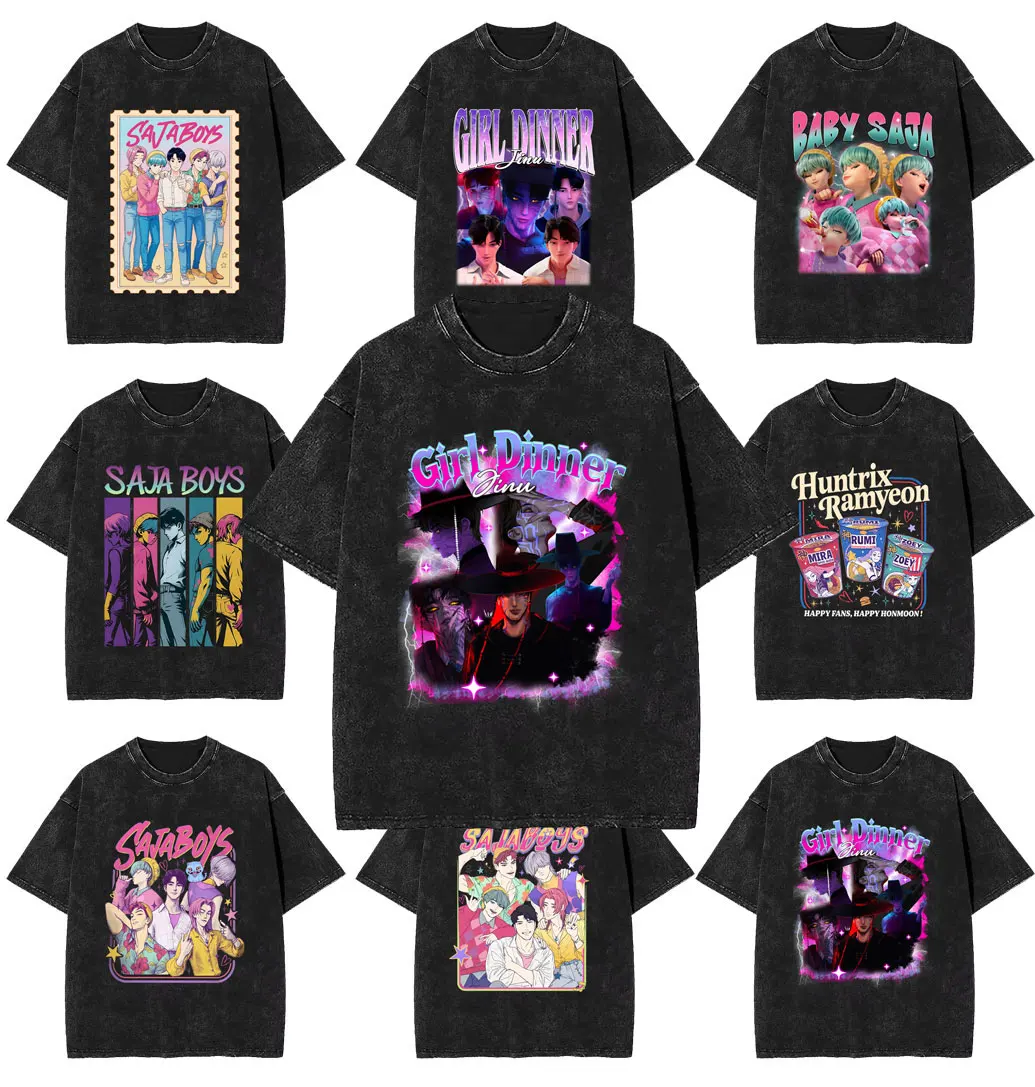

Movie KPop Demon Hunters Vintage Washed Tshirt Rumi Mira Zoey Saja Boys Derpy Tiger Graphic T-shirt Men Women Fashion Streetwear