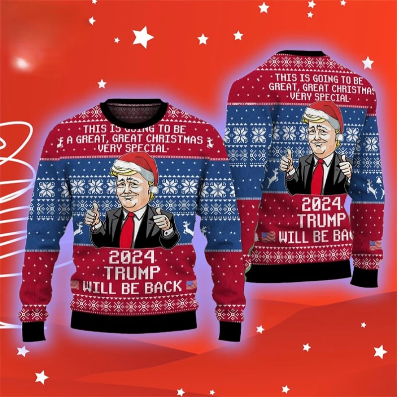 Sweat-shirt de Noël imprimé en 3D Donald Trump pour hommes et femmes, pull unisexe américain, pull de Noël, mode masculine, nouveau