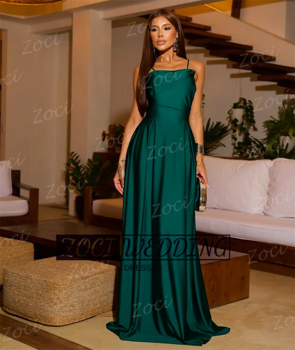 Zoci Emerald Green A Line Prom Dresses Spaghetti Straps Satin Floor Evening Gown Aline Special Formal Party Dress Customized
