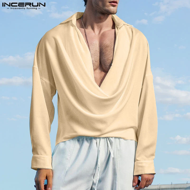 

INCERUN Tops 2024 American Style Men's Fashion Swing Collar Design Shirt Casual Streetwear Satin Solid Long Sleeved Blouse S-5XL