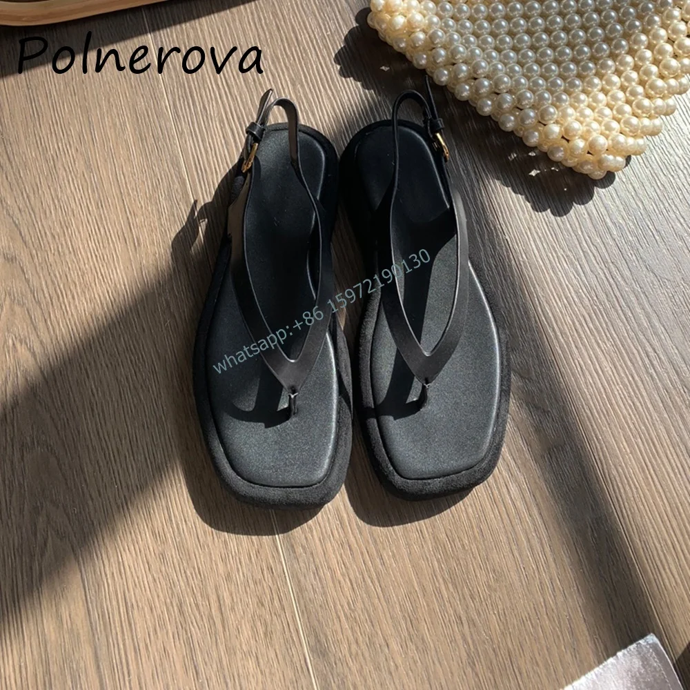 

Solid Real Leather Flip Flips Sandals Black Thick Soled Buckle Strap Slingback Shoes Summer Outdoor Breathable Casual Shoes