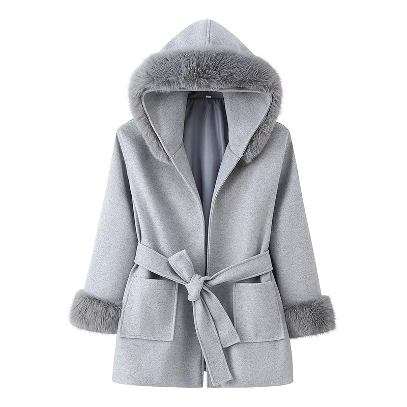 

YENKYE Autumn Winter Warm With Belt Hooded Gray Woolen Coat Women Long Sleeve With Pockets Elegant Lady Outfits