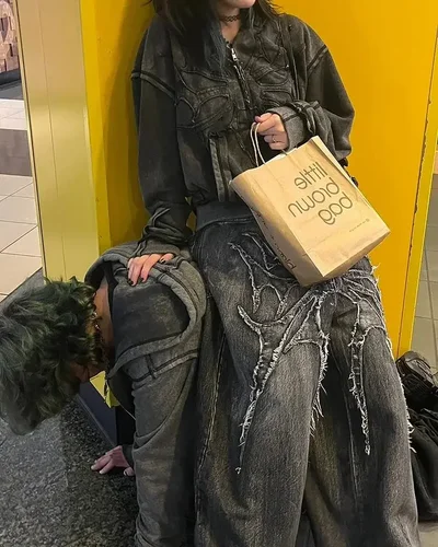 Imagen 2 del producto Y2K pantalones vaqueros holgados vintage con estampado bordado, pantalones vaqueros de alta calidad, ropa de calle gótica de Hip Hop, pantalones vaqueros informales de pierna ancha para hombres y mujeres