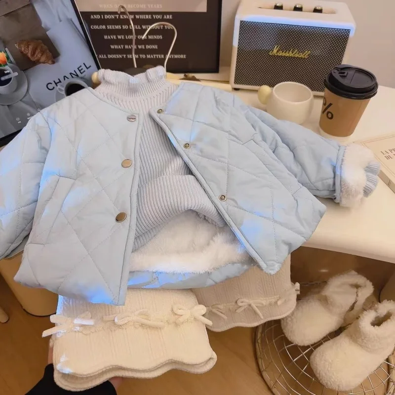 

Новинка осени 202, стеганое пальто для девочек, зимняя утепленная куртка, детская однотонная хлопковая одежда для детей от 2 до 8 лет, модные повседневные топы