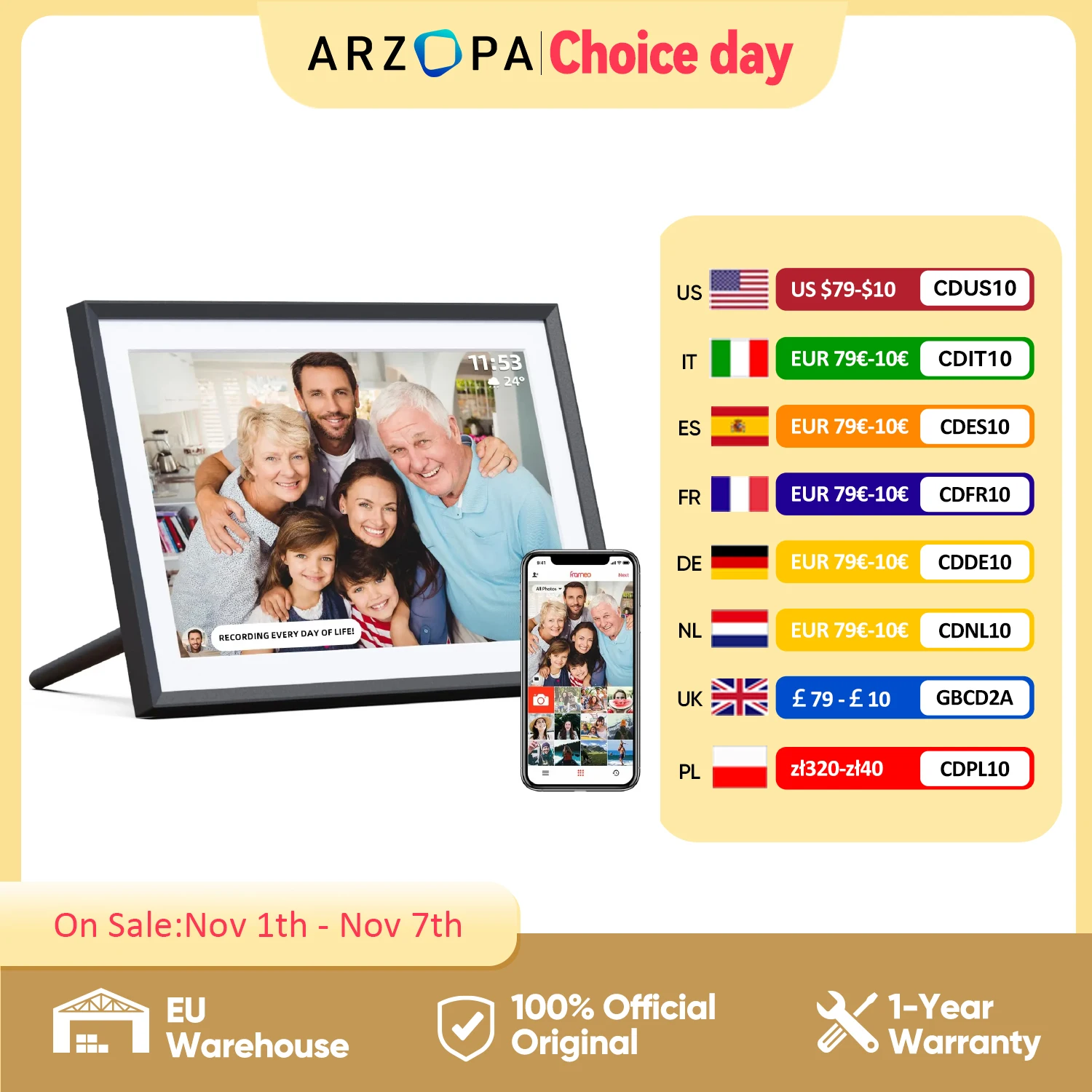 ARZOPA 10.1 Inch Smart WiFi Digital Picture Frame 32GB Storage, Frameo Digital Photo Frame with 1280x800 IPS Touch Screen