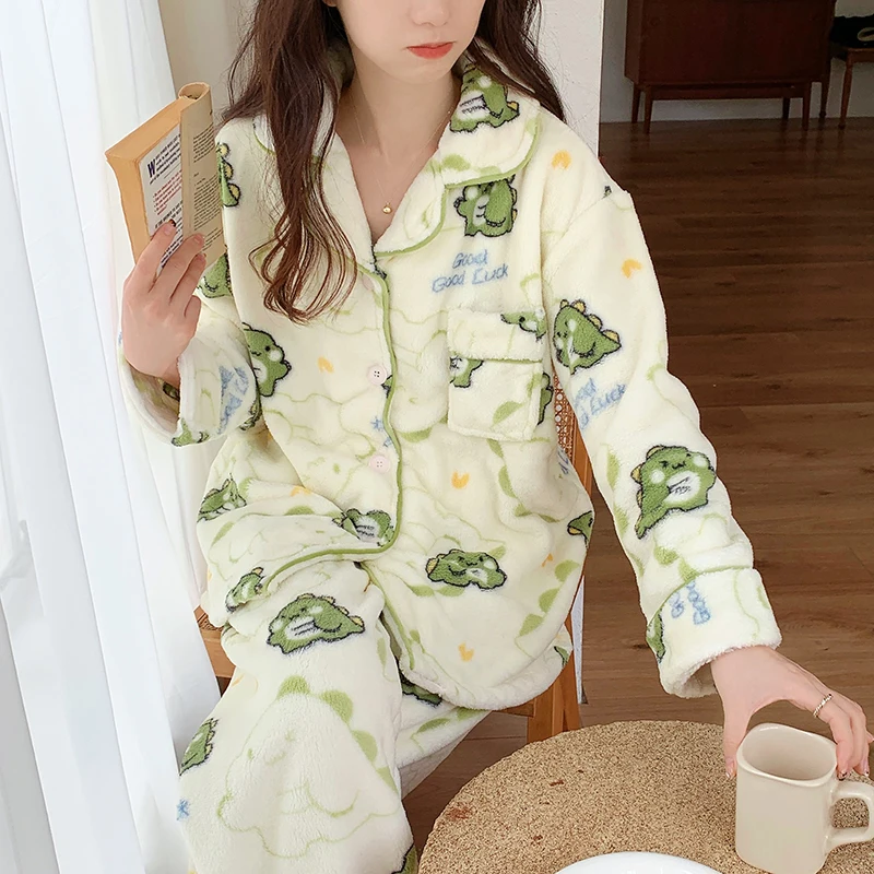 Winter New Flannel Pajamas Sets for Woman Lapel Thickening Cardigan Warm Women's Pajamas Cute Dinosaur Women's Home Clothes