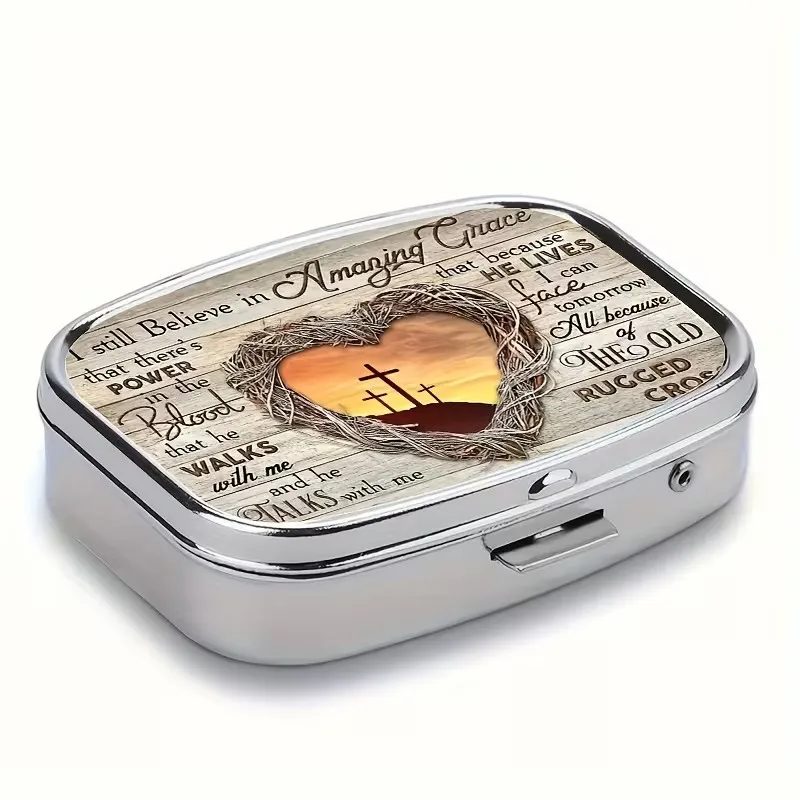 1pc God Sunset Landscape Oil Painting Theme 2-Grid Medicine Box - Portable Decorative Metal Medicine Storage Box, Suitable for Travel, Wallet Or Pocket - Unique Gift Creativity