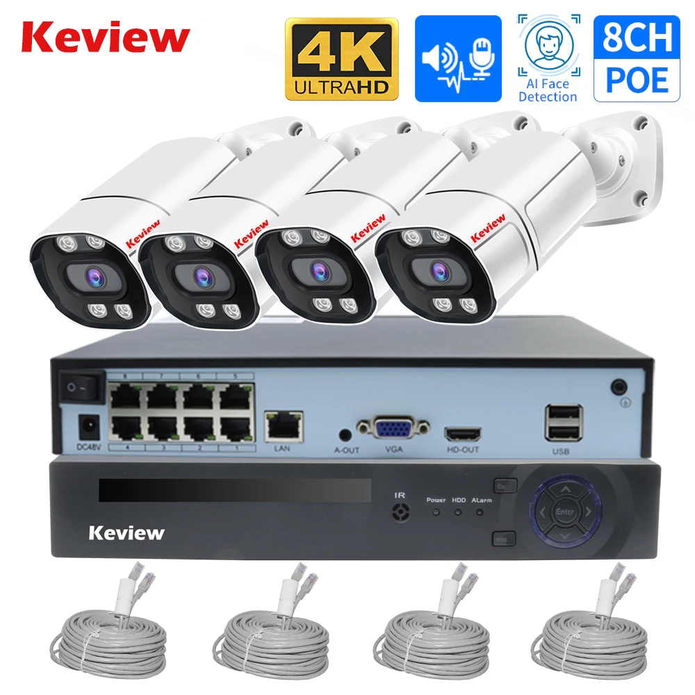 4K 8MP 4MP 8CH POE IP Surveillance Camera Security System Kit Set AI Face Detection Audio Smart Outdoor IP Camera NVR set