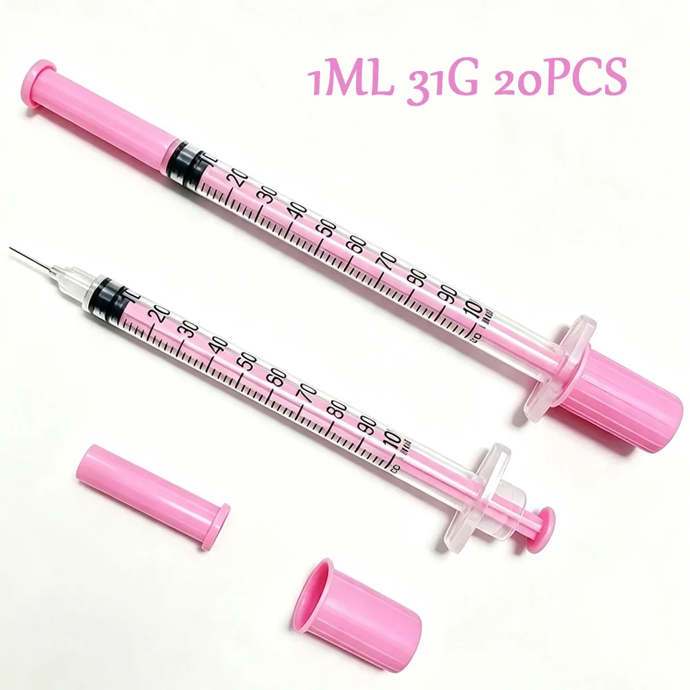 1ml U-100 Einwegspritze 31g Feinnadel Rosa Schutzkappe mit Schiebestange Hochpräzises Graduiertes Mikronadelröhrchen Laborflüssigkeitsdosierung Schönheitsproben-Nadelröhrchen Packung mit 20 Stück 8mm – Detail 2