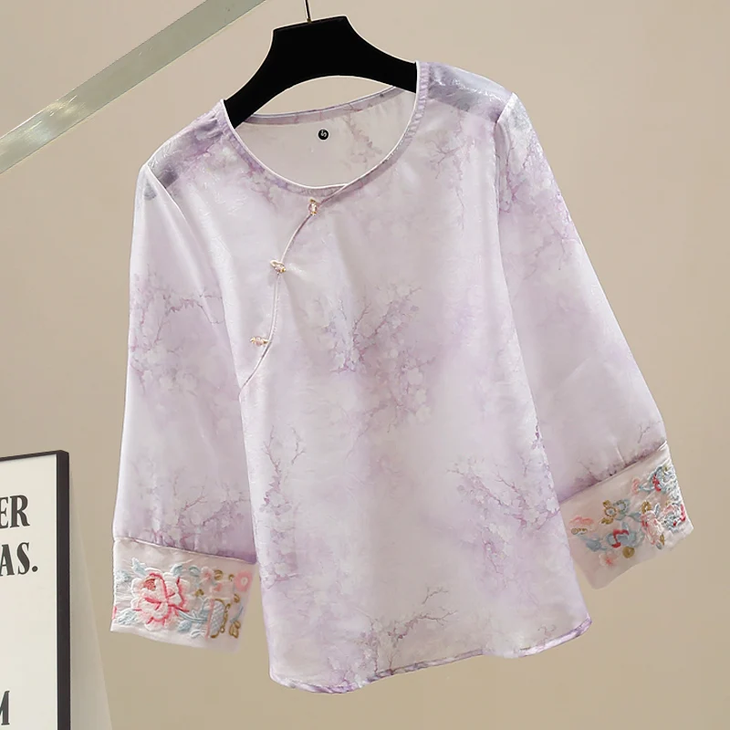 قميص برقبة دائرية مطرز على الطراز الوطني الصيني الجديد للنساء، قميص صيفي جديد بإبزيم عتيق من قماش الجاكار المحسن للسيدات