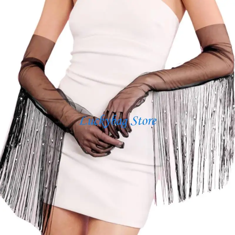 

X7XE Long Latin Dance Gloves Tassels Mesh Gloves For Stage And Evening Party Wear
